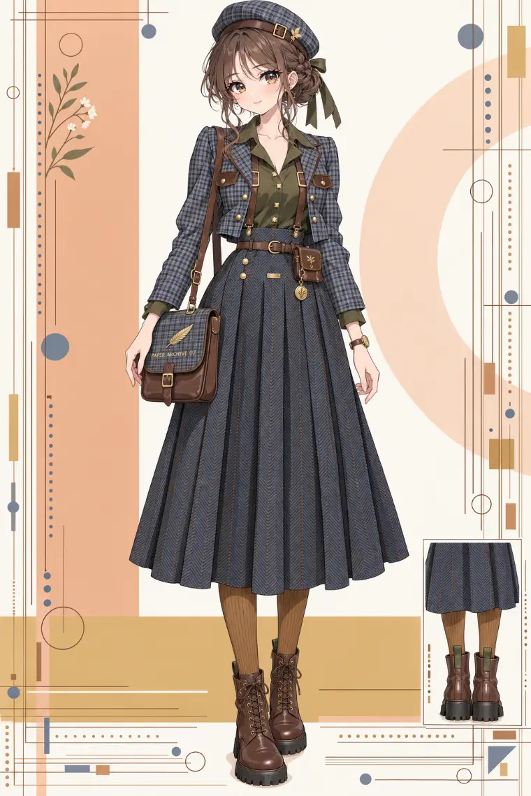 AIイラスト版｜ブルーグレーのチェックジャケット、革サスペンダー付きヘリンボーンプリーツスカート、チェック柄のベレー帽
