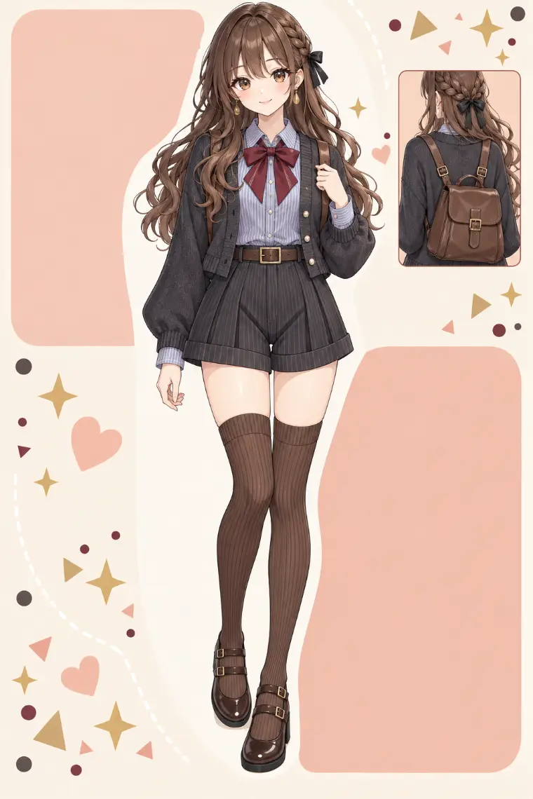 AIイラスト版｜ブルーグレーのストライプシャツとチャコールカーデ、プリーツショートパンツ、ブラウンのニーハイソックス