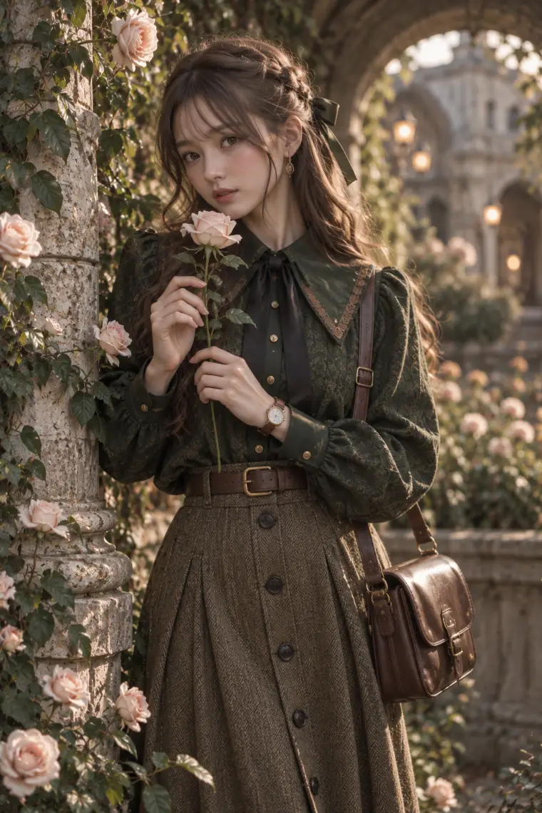 実写AI版｜深緑の植物柄ブラウス、フロントボタン付きオリーブのヘリンボーンフレアスカート、茶色のサイドゴアブーツ