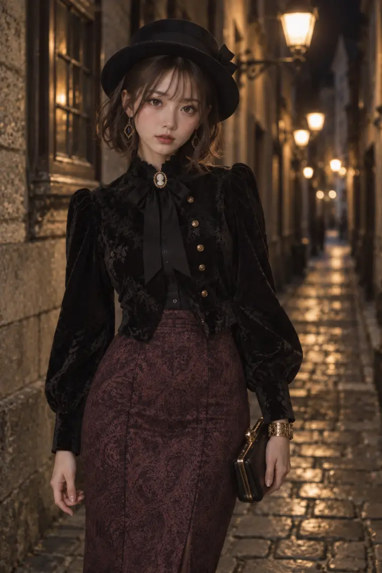 実写AI版｜黒のベルベット調ハイネックトップス、カメオブローチ、プラムのペイズリー柄ロングペンシルスカート、黒のフェルトハット