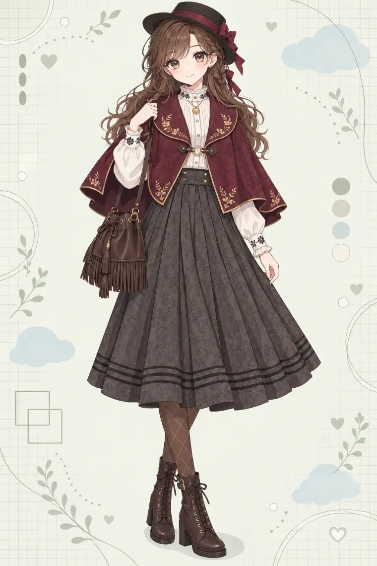 AIイラスト版｜金の葉刺繍入りボルドーケープ、アイボリーのフリルブラウス、チャコールのプリーツロングスカート、ボルドー帯のブラウンハット