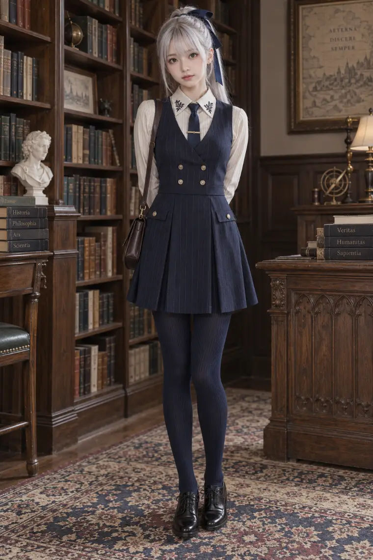 実写AI版｜刺繍襟のアイボリーシャツ、ネイビーのベスト型ジャンパースカート、細いネクタイ、黒のキャップトゥオックスフォード
