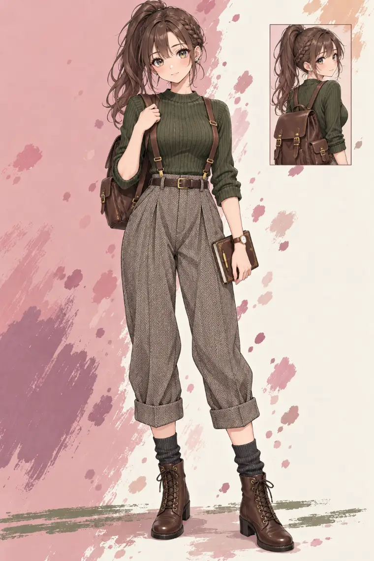 AIイラスト版｜モスグリーンのリブニット、革サスペンダー、裾折りのグレーヘリンボーンパンツ、茶色の編み上げブーツ
