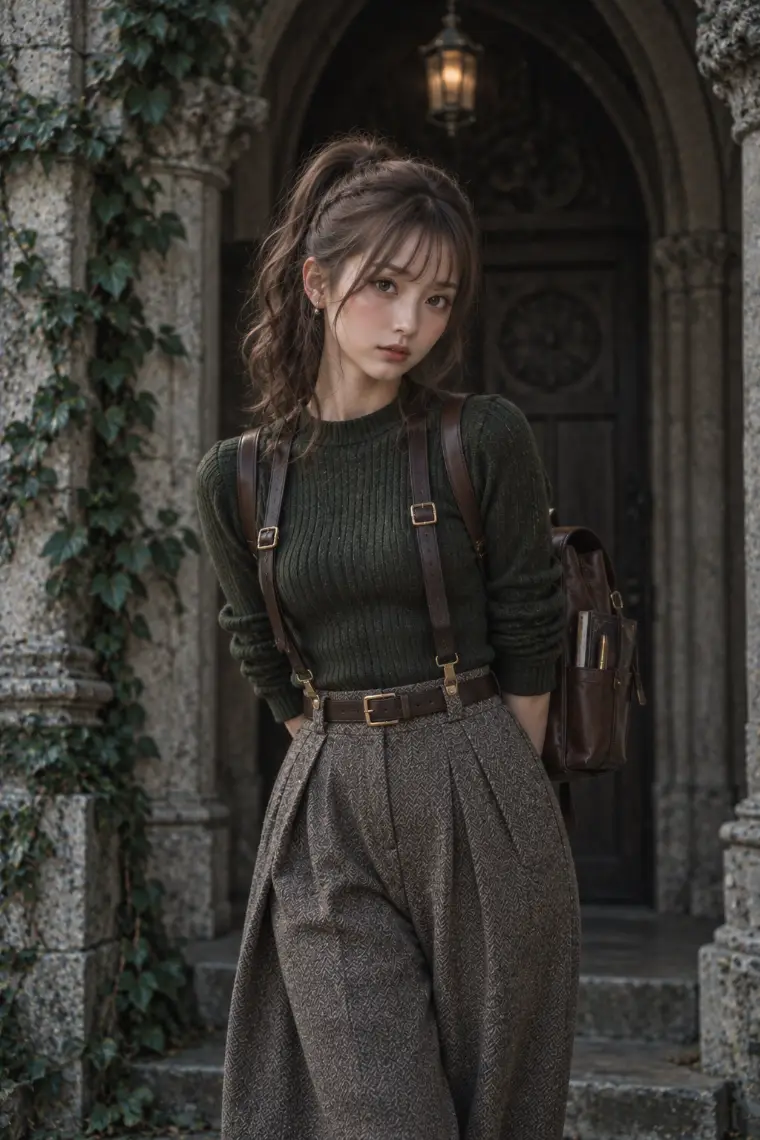実写AI版｜モスグリーンのリブニット、革サスペンダー、裾折りのグレーヘリンボーンパンツ、茶色の編み上げブーツ