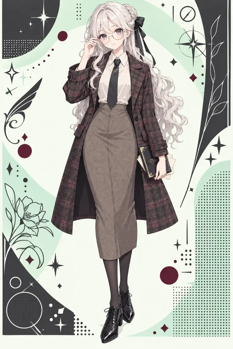 AIイラスト版｜ブラウン×チャコールのチェックコート、アイボリーシャツとネクタイ、グレージュのペイズリー織りペンシルスカート