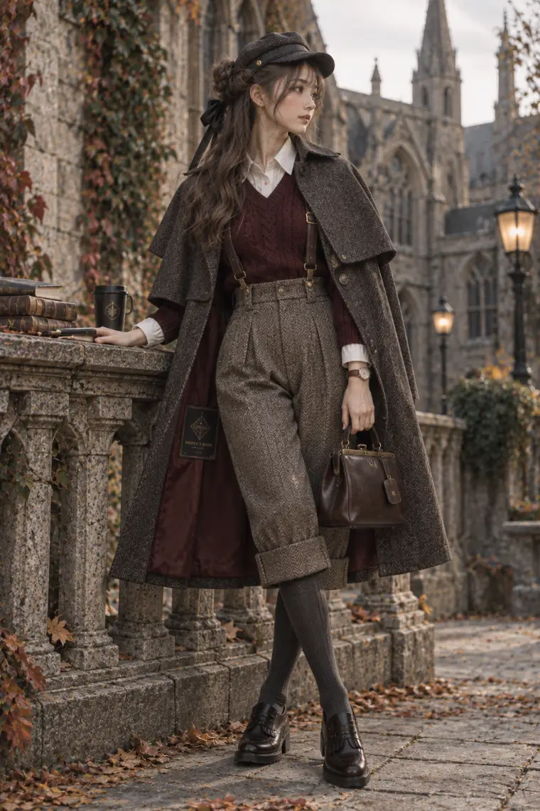 実写AI版｜チャコールのヘリンボーンケープ、ボルドーのケーブルニット、サスペンダー付き膝下丈ブリーチズ、ヘリンボーンキャップ