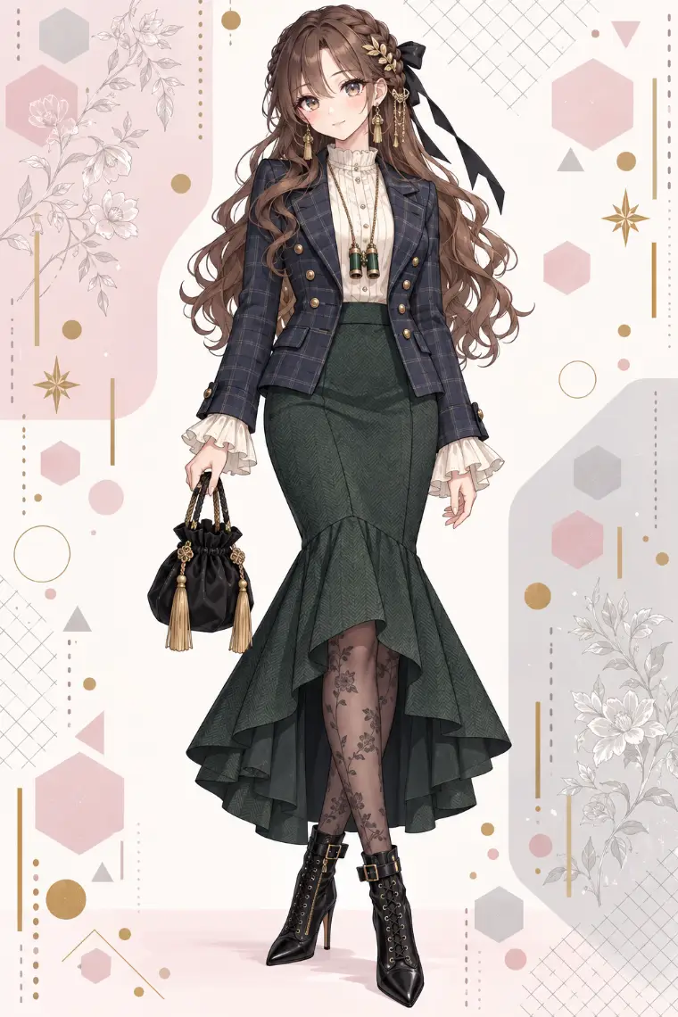 AIイラスト版｜ネイビーチェックのダブルジャケット、アイボリーのフリルブラウス、深緑のマーメイドスカート、金色の葉飾り