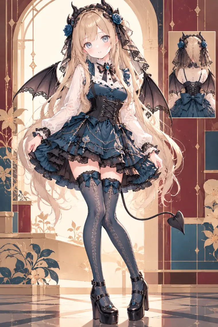 AIイラスト版|青緑ベルベットのベル型ジャンパードレス、アイボリーのブラウス、黒レース、黒の厚底靴