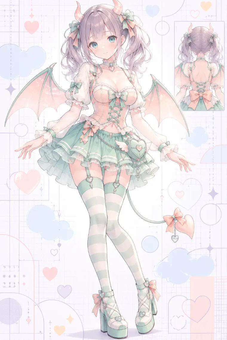 AIイラスト版|ピーチの編み上げビスチェ、クリームのパフ袖ボレロ、ミントのプリーツミニ、透明ハート飾り
