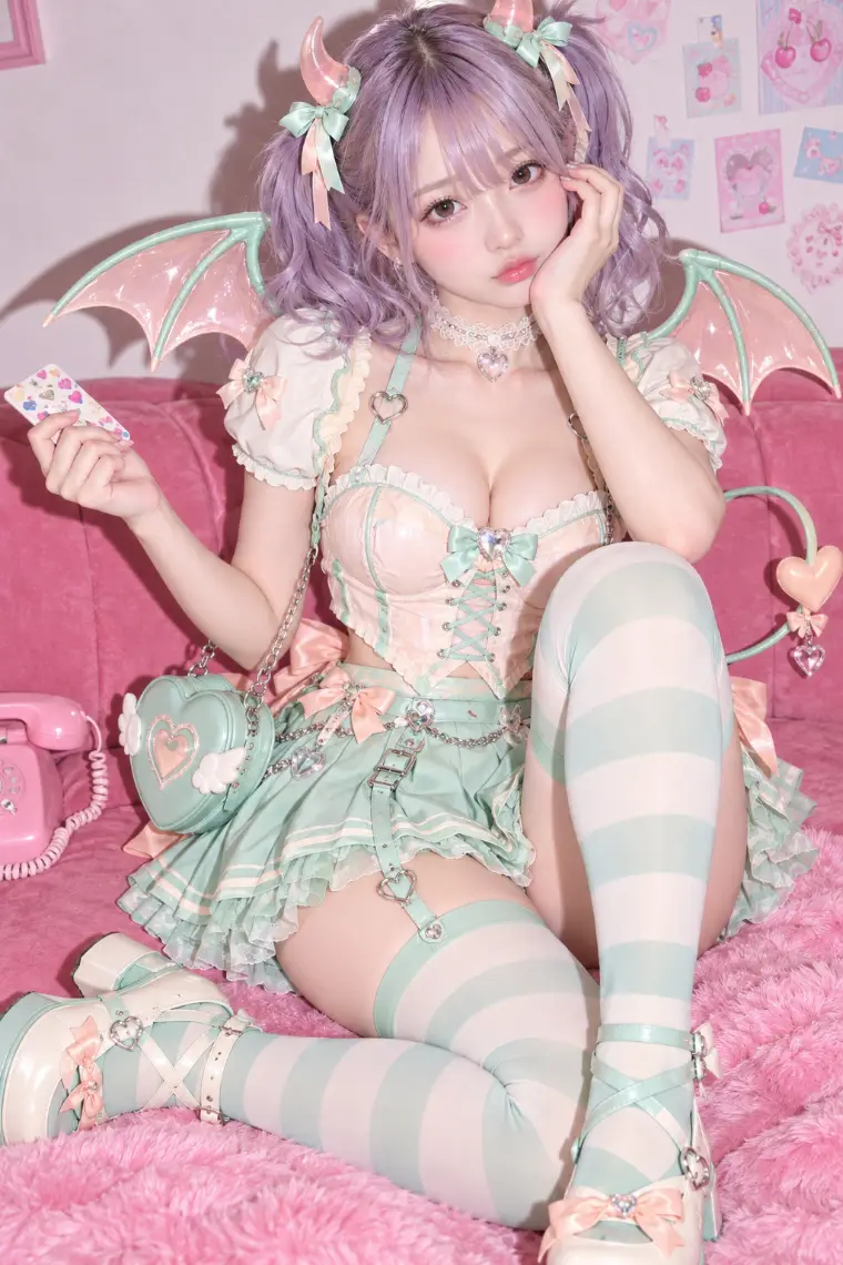 実写AI版|ピーチの編み上げビスチェ、クリームのパフ袖ボレロ、ミントのプリーツミニ、透明ハート飾り