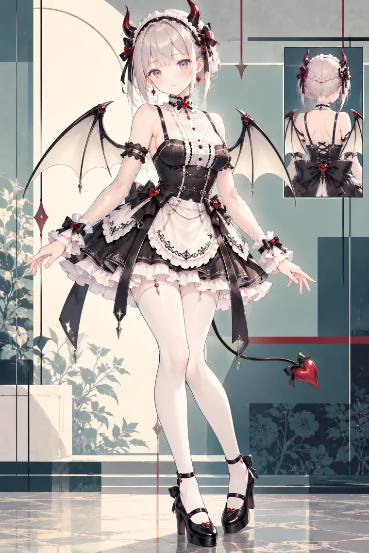 AIイラスト版|黒サテンのメイドミニドレス、白い縦フリル胸当て、白エプロン、網袖、白タイツ