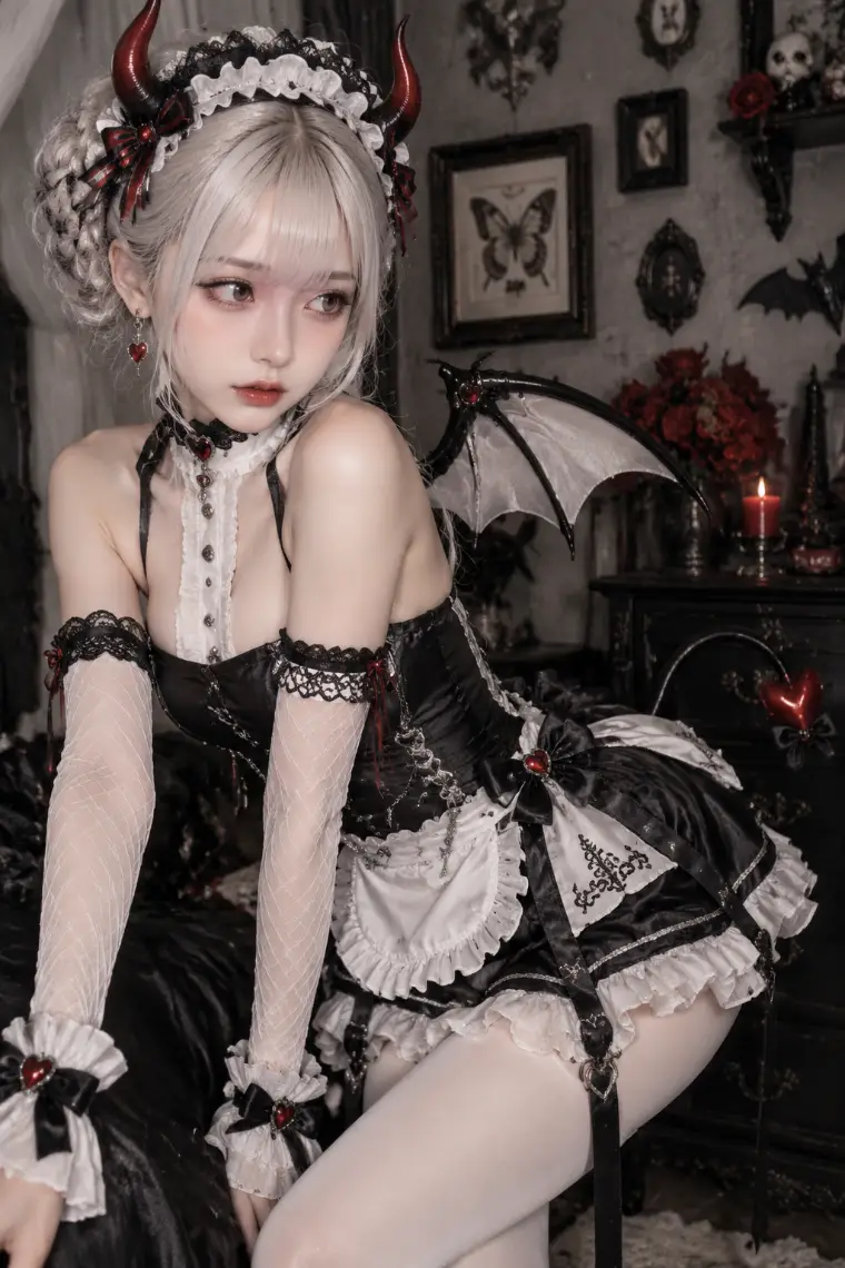 実写AI版|黒サテンのメイドミニドレス、白い縦フリル胸当て、白エプロン、網袖、白タイツ