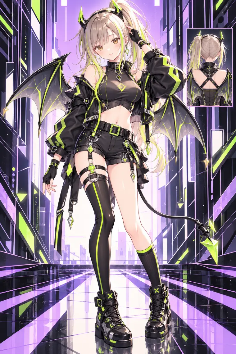 AIイラスト版|ライムライン入り黒の短丈ジャケット、チャコールショーツ、左右非対称ソックス、黒の厚底スニーカー