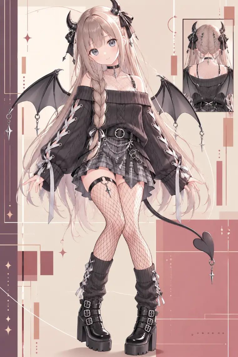 AIイラスト版|袖編み上げのチャコールニット、灰黒チェックミニ、黒の網タイツ、バックル付き厚底ブーツ