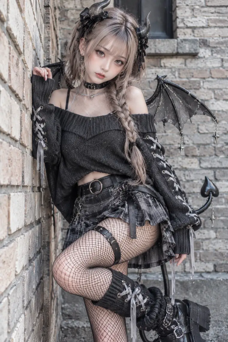 実写AI版|袖編み上げのチャコールニット、灰黒チェックミニ、黒の網タイツ、バックル付き厚底ブーツ