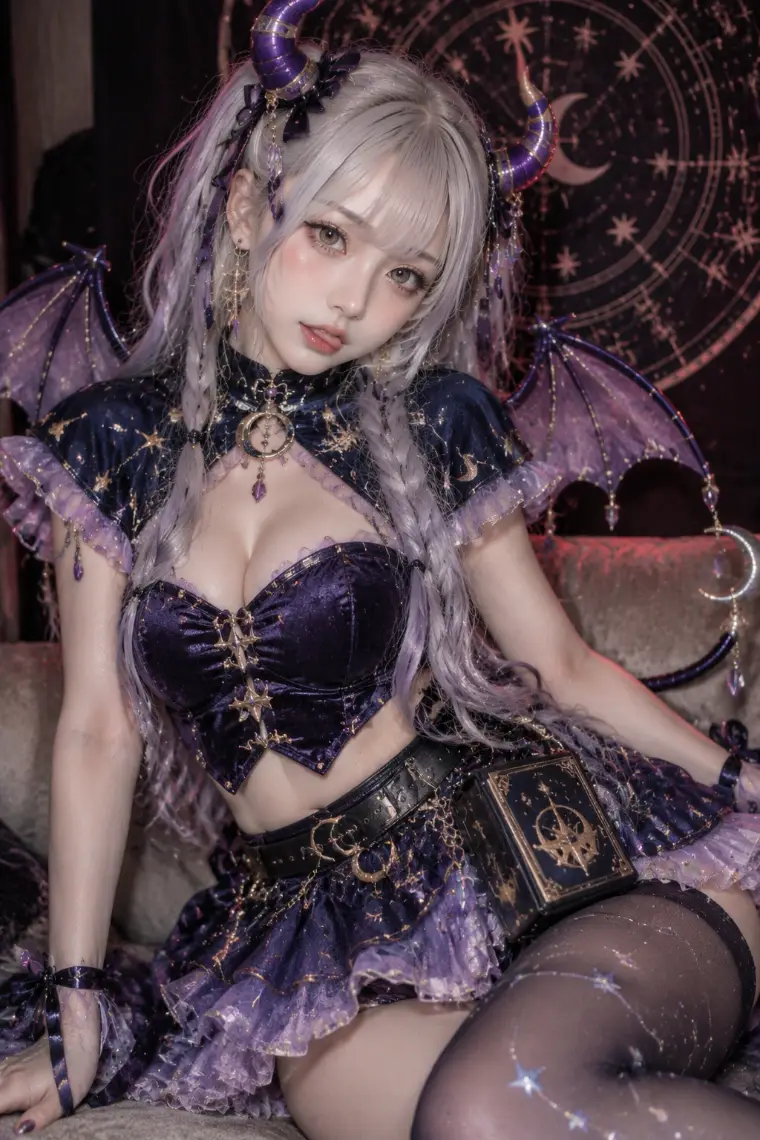 実写AI版|星図柄の濃紺ケープレット、紫ベルベットのビスチェ、紺からラベンダーの段スカート、星座柄タイツ