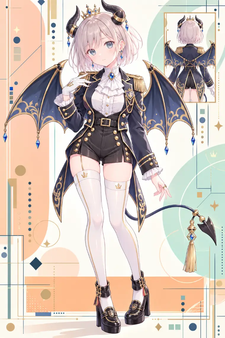 AIイラスト版|紺金の燕尾コート、白のフリルジャボ、黒タックショーツ、白ニーハイ、小さな王冠
