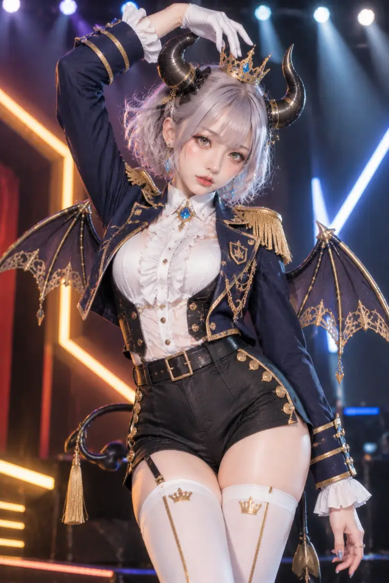 実写AI版|紺金の燕尾コート、白のフリルジャボ、黒タックショーツ、白ニーハイ、小さな王冠