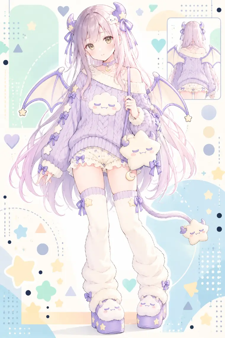 AIイラスト版|雲の顔柄入りラベンダーのケーブルニット、クリームのフリルブルマー、起毛レッグカバー、星形バッグ