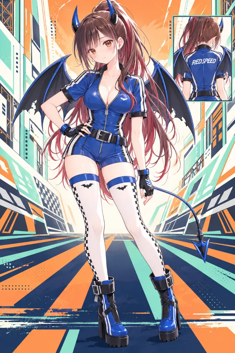 AIイラスト版|コバルトブルーの光沢ショートロンパース、白黒チェッカー柄ニーハイ、青黒の厚底ブーツ