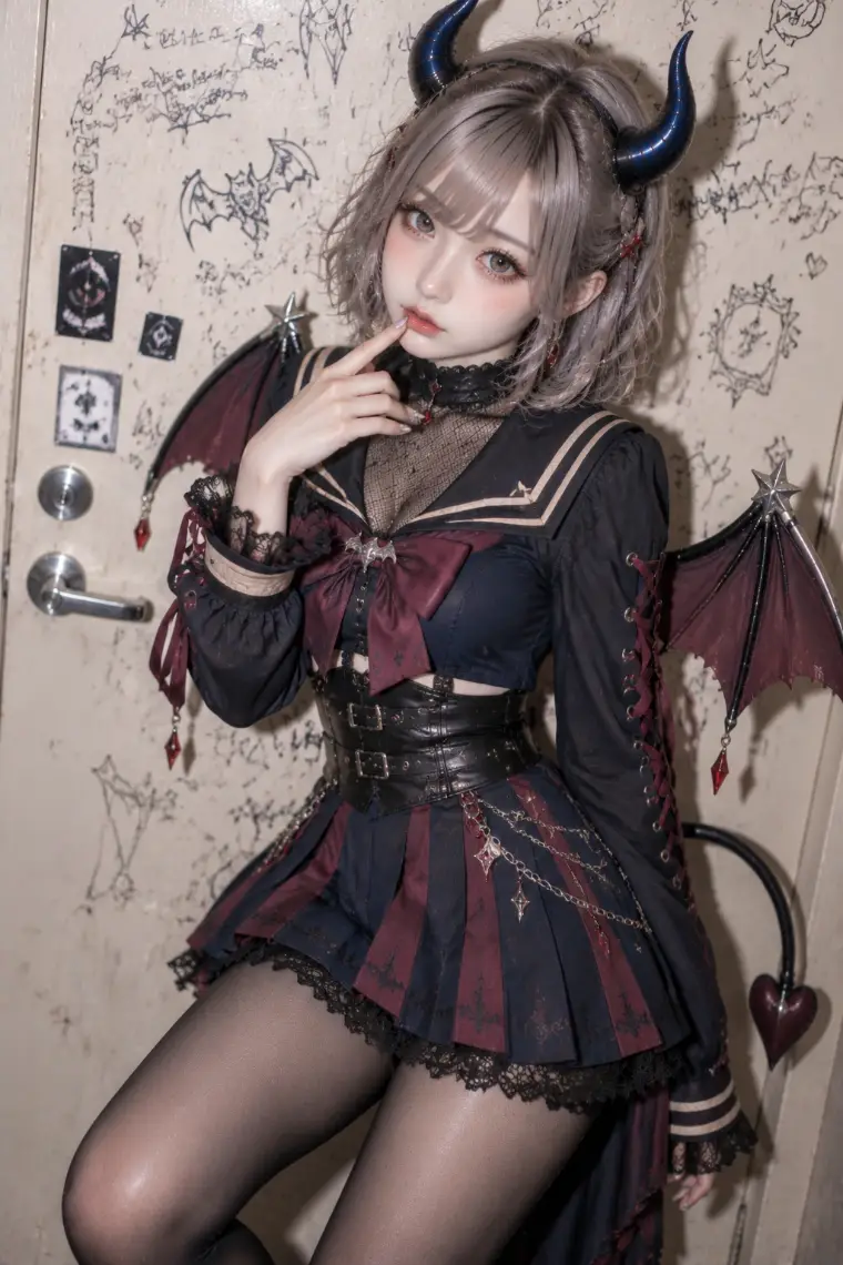 実写AI版|濃紺の短丈セーラージャケット、赤紫の胸リボン、箱プリーツミニ、黒の厚底ブーツ