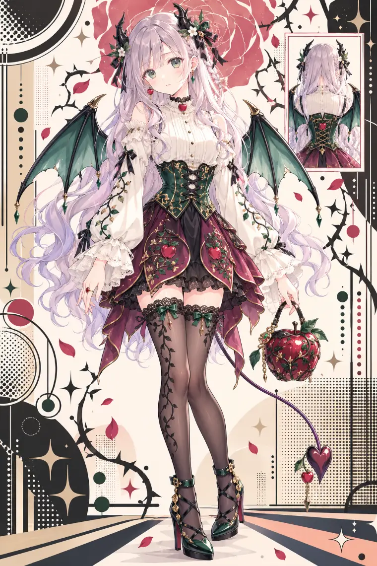 AIイラスト版|緑の編み上げコルセット、紫の花弁ミニスカート、黒の蔓柄ニーハイ、赤いリンゴ型バッグ
