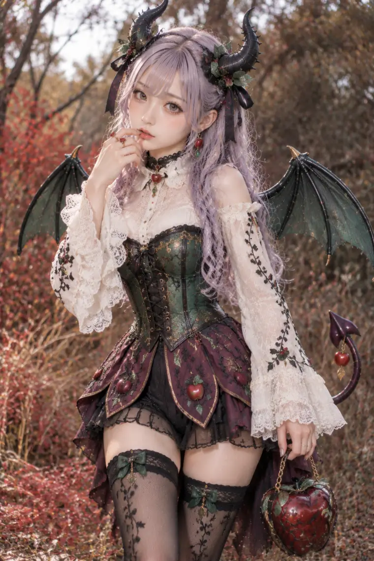 実写AI版|緑の編み上げコルセット、紫の花弁ミニスカート、黒の蔓柄ニーハイ、赤いリンゴ型バッグ