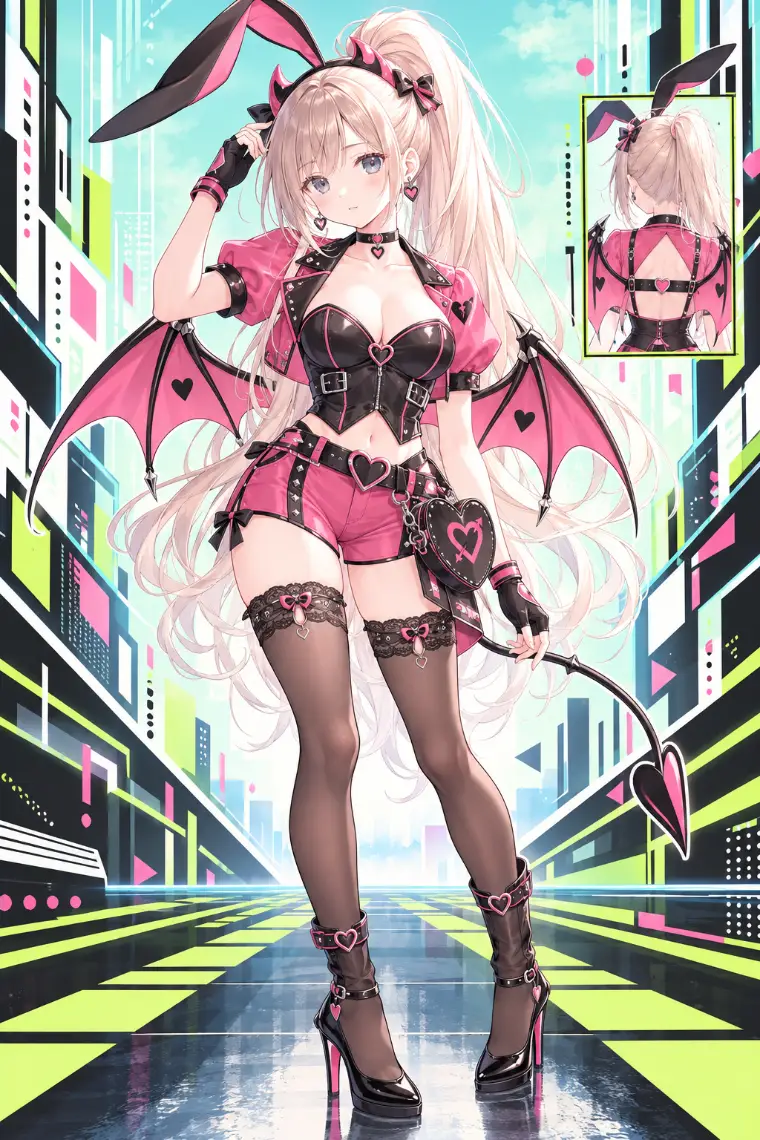 AIイラスト版|黒ピンクの長いうさ耳、ピンクの短丈ボレロとショーツ、黒コルセット、ハート型バッグ