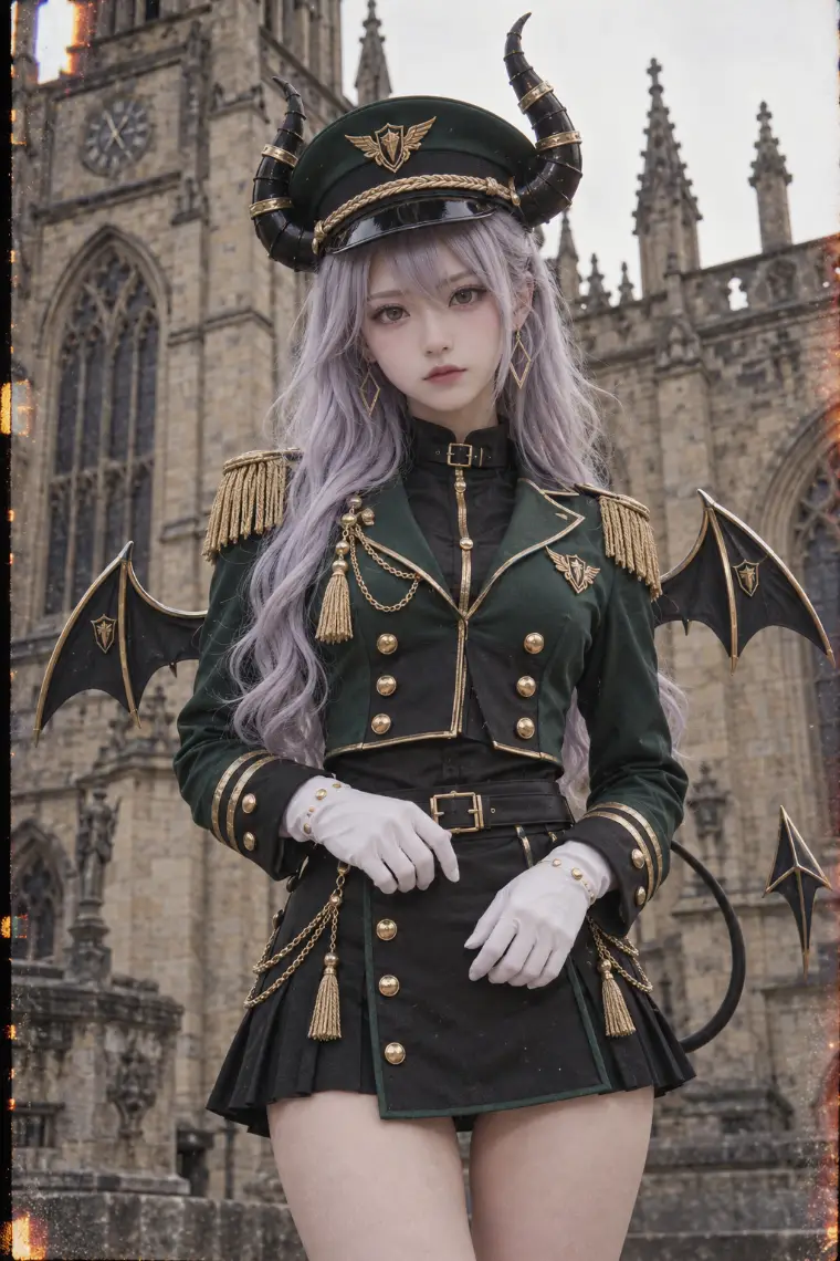 実写AI版|ボトルグリーンの軍服風ジャケット、金ボタンの黒ミニスカート、制帽、茶の編み上げブーツ