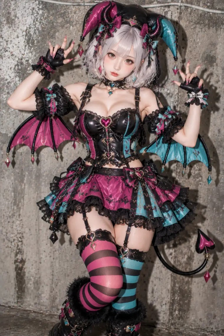 実写AI版|赤紫とターコイズの段フリルスカート、二股帽、左右色違いの横縞ニーハイ、二色のコウモリ翼