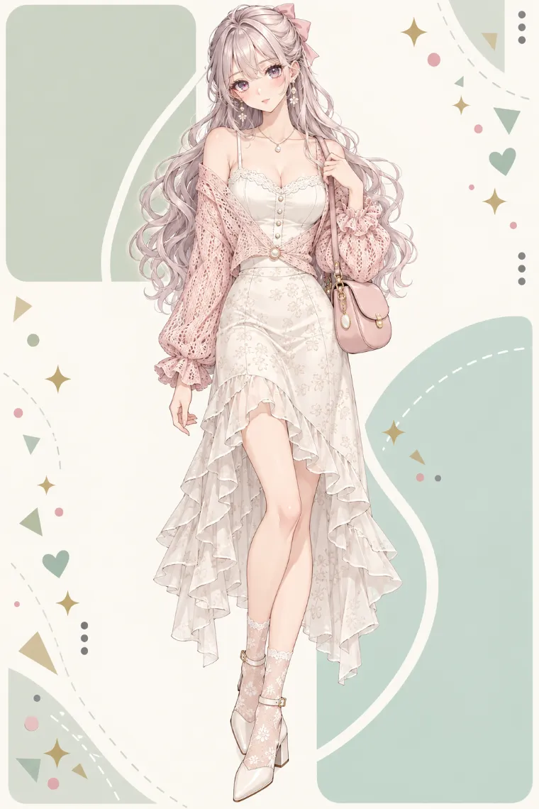 AIイラスト版｜淡ピンクの透かし編みカーデ、アイボリーのキャミソールとロングスカートのエゲン女ファッション