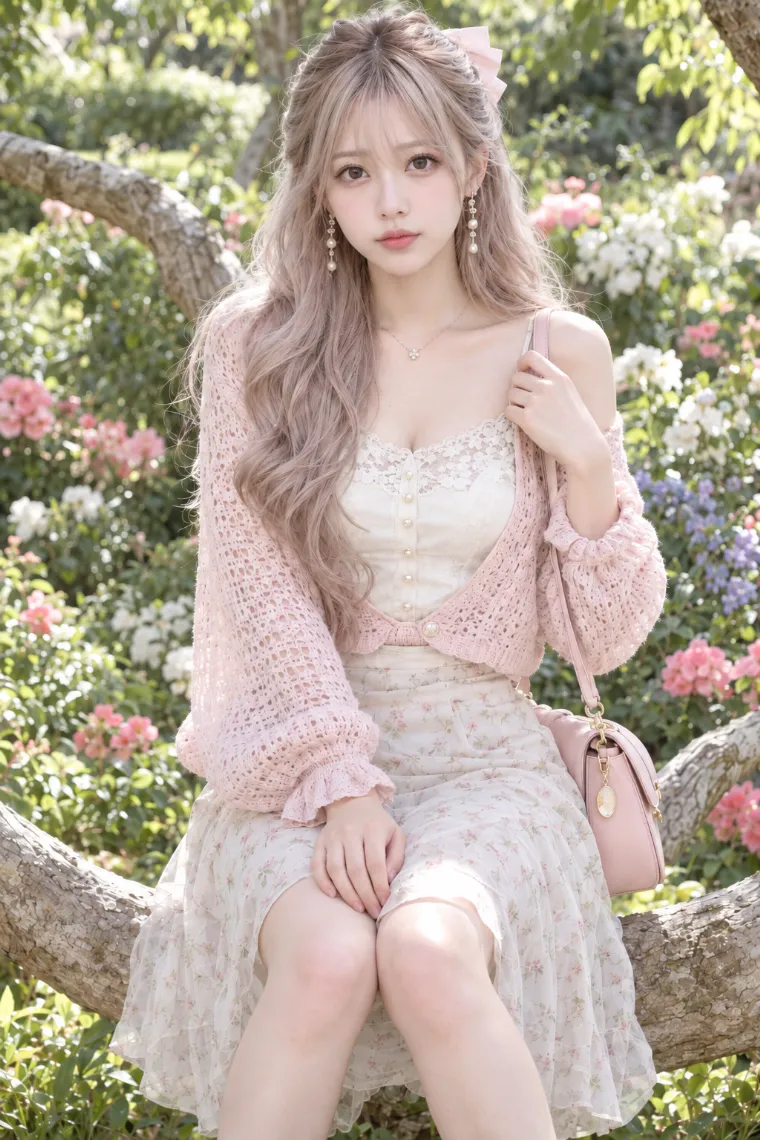 実写AI版｜淡ピンクの透かし編みカーデ、アイボリーのキャミソールとロングスカートのエゲン女ファッション
