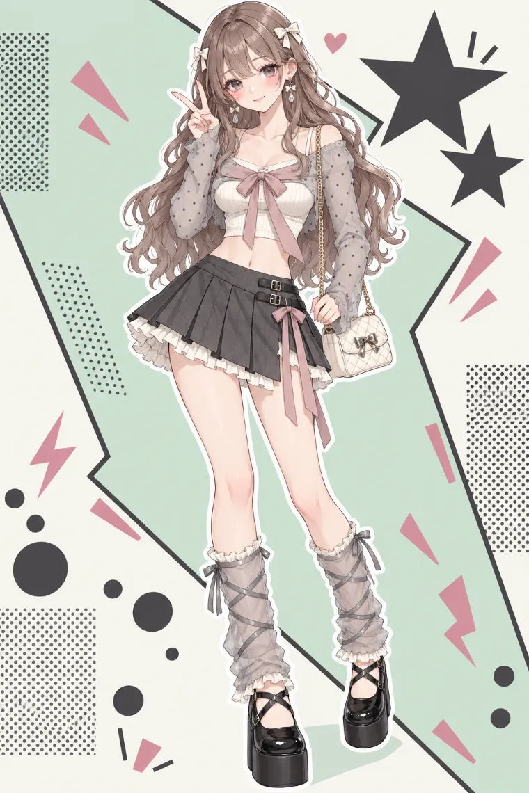 AIイラスト版｜グレーのシアーボレロ、チャコールのプリーツミニ、シアーレッグウォーマーと黒の厚底メリージェーン
