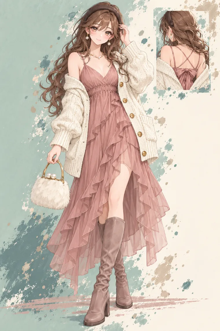 AIイラスト版｜アイボリーのざっくりニットカーデ、ダスティローズのシフォンドレス、膝丈ブーツ