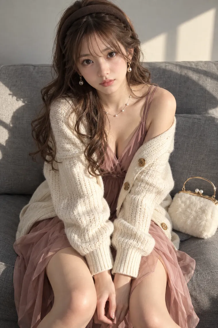 実写AI版｜アイボリーのざっくりニットカーデ、ダスティローズのシフォンドレス、膝丈ブーツ