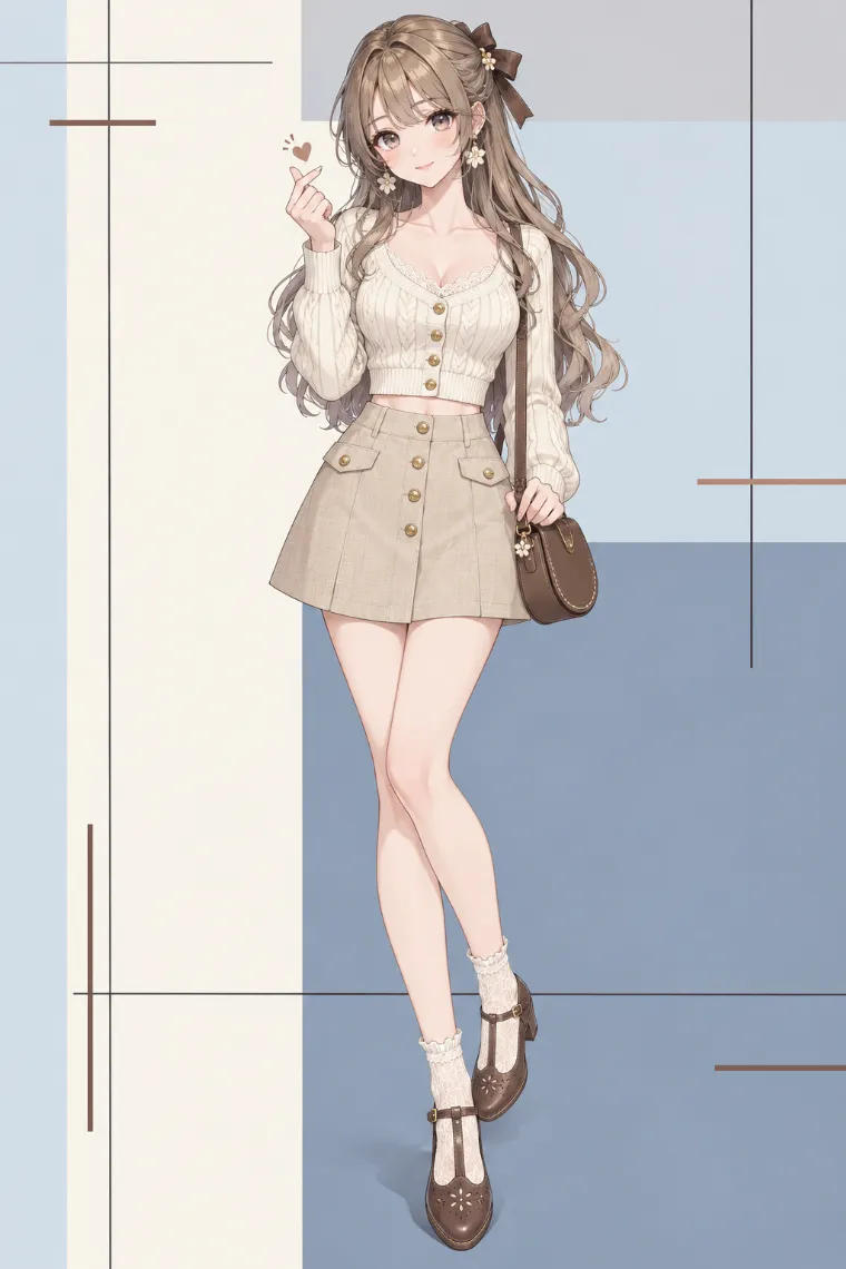 AIイラスト版｜アイボリーのケーブルニット、ベージュのAラインミニ、ブラウンのTストラップシューズ