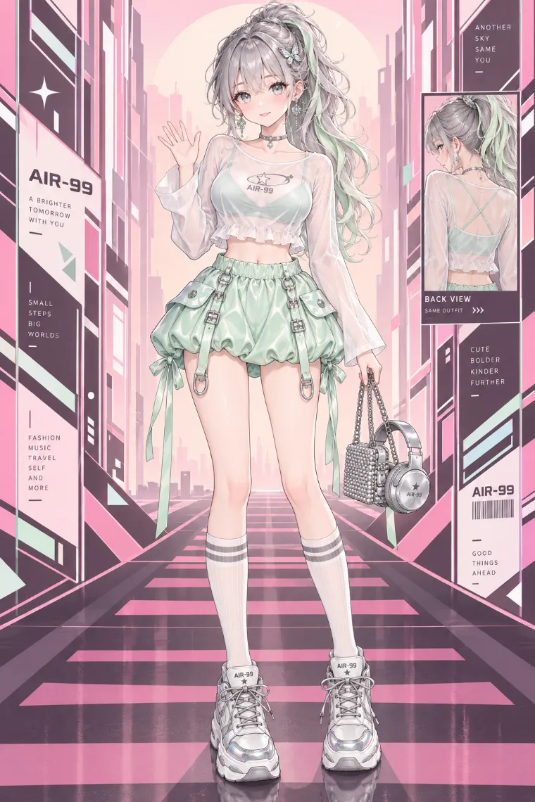 AIイラスト版｜白のシアートップ、ミントのキャミとバルーンミニ、シルバー系の厚底スニーカー