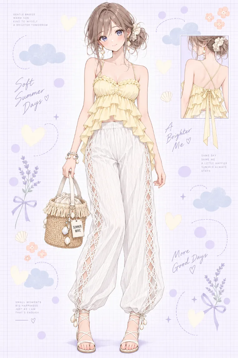 AIイラスト版｜バターイエローのティアードキャミ、白のワイドパンツ、シェル付きストラップサンダル