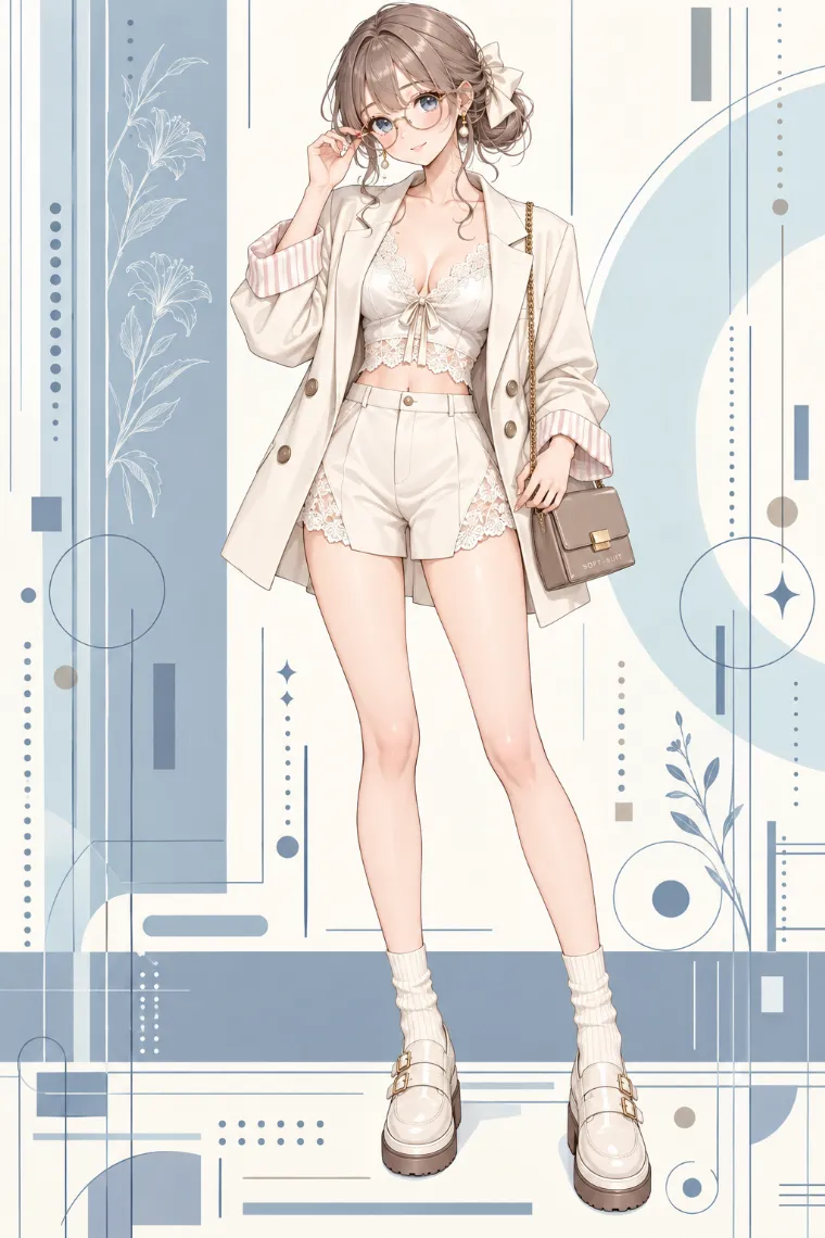 AIイラスト版｜アイボリーベージュのオーバーサイズブレザー、レースキャミ、ショートパンツ