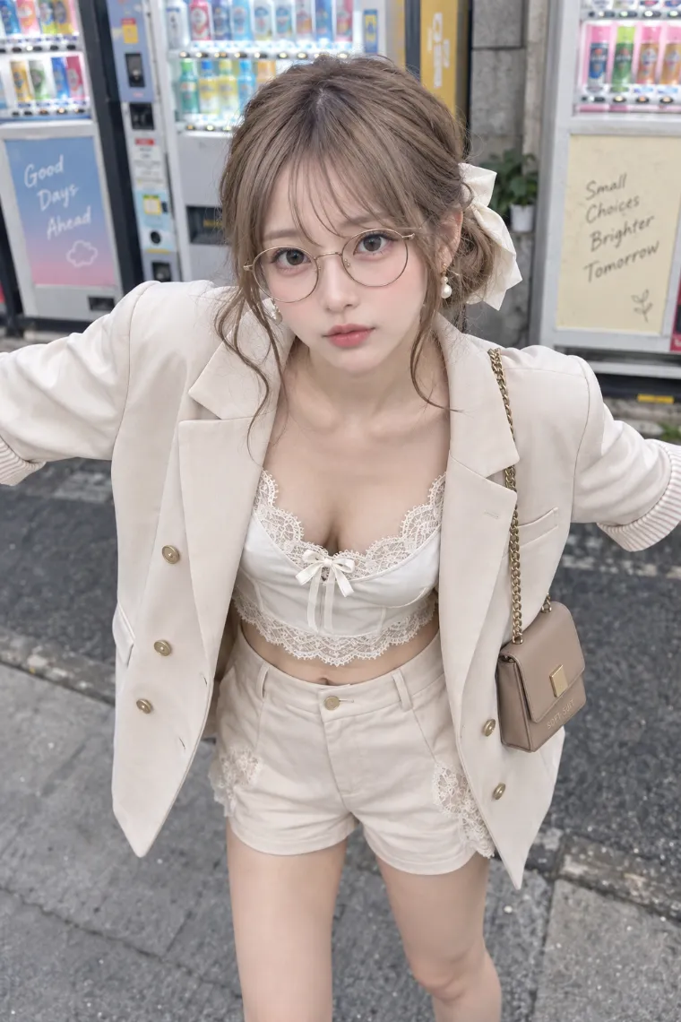実写AI版｜アイボリーベージュのオーバーサイズブレザー、レースキャミ、ショートパンツ