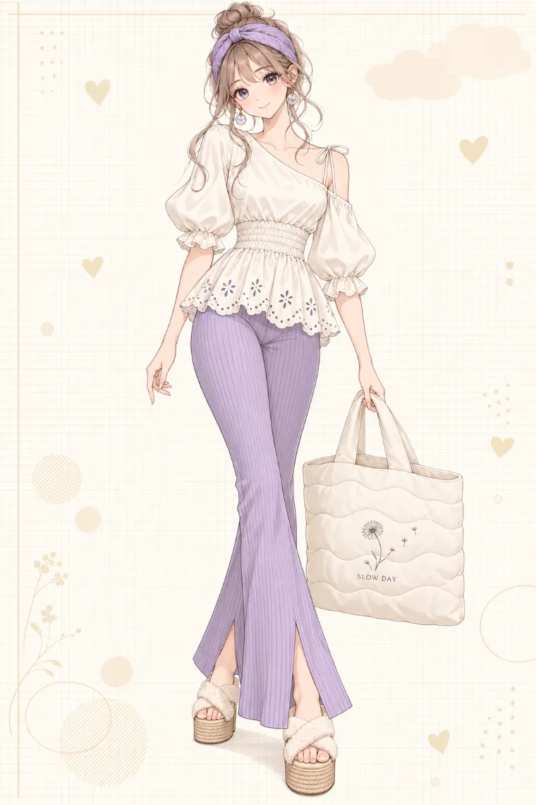 AIイラスト版｜アイボリーのアシメペプラムブラウス、ラベンダーのフレアパンツ、ファー付き厚底サンダル
