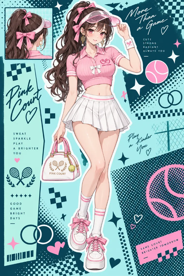 AIイラスト版｜ピンクのクロップドポロ、白のプリーツミニ、リボン付き厚底スニーカーのエゲン女ファッション