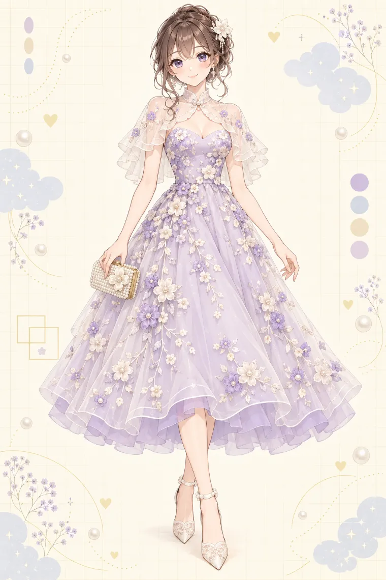 AIイラスト版｜アイボリーのシアーケープ、ラベンダーの花柄Aラインドレス、レースパンプス