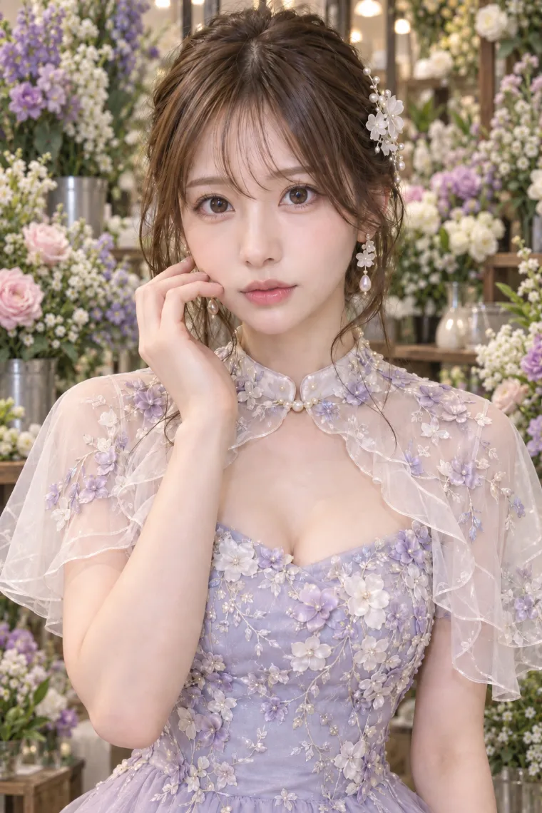 実写AI版｜アイボリーのシアーケープ、ラベンダーの花柄Aラインドレス、レースパンプス