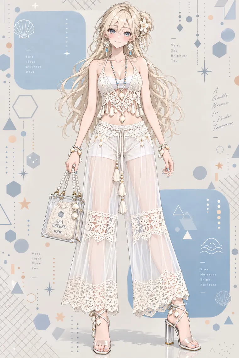 AIイラスト版｜アイボリーのクロシェキャミ、白のシアーワイドパンツ、クリアヒールサンダル