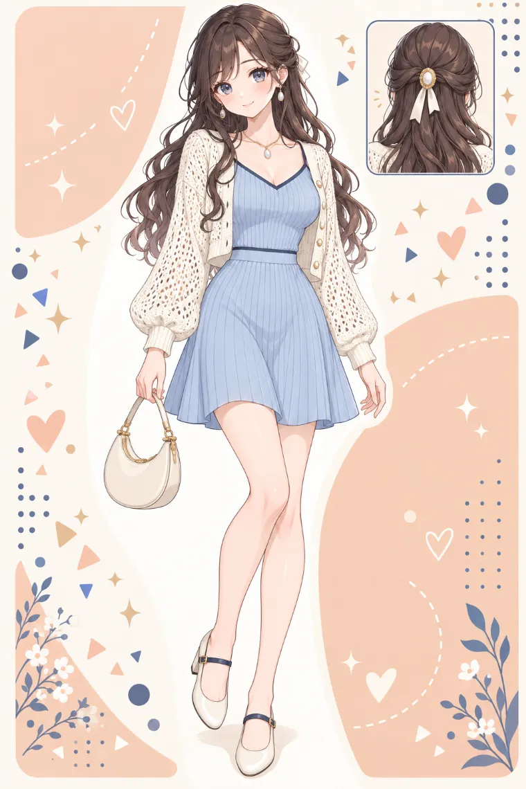 AIイラスト版｜アイボリーの透かし編みカーデ、パウダーブルーのニットワンピ、メリージェーンのエゲン女ファッション