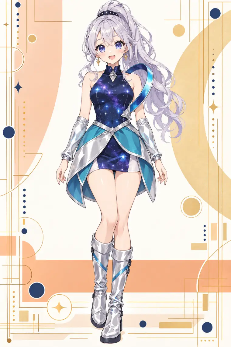 AIイラスト版｜ネイビーの星雲柄ミニドレス、シアンの肩ループ、銀の花弁状スカート、膝下ブーツ