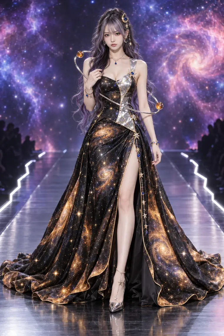 実写AI版｜黒×ブロンズの銀河柄ロングドレス、斜めの銀色軌道リング、星飾りと深いスリット