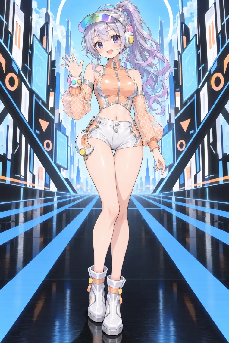 AIイラスト版｜アプリコットのクロップドトップス、白銀のショートパンツ、メッシュ袖とヘッドセット