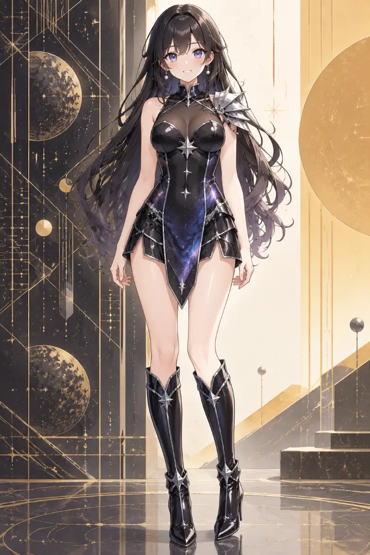 AIイラスト版｜黒の星雲柄ミニドレス、右肩の銀プレート、星飾り付きの黒い膝丈ブーツ